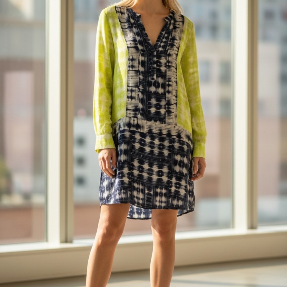 BCBGMaxAzria Tie-Dye Dress in Neon Yellow and Navy